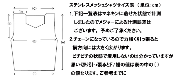 ステンレスシャツ　サイズ表